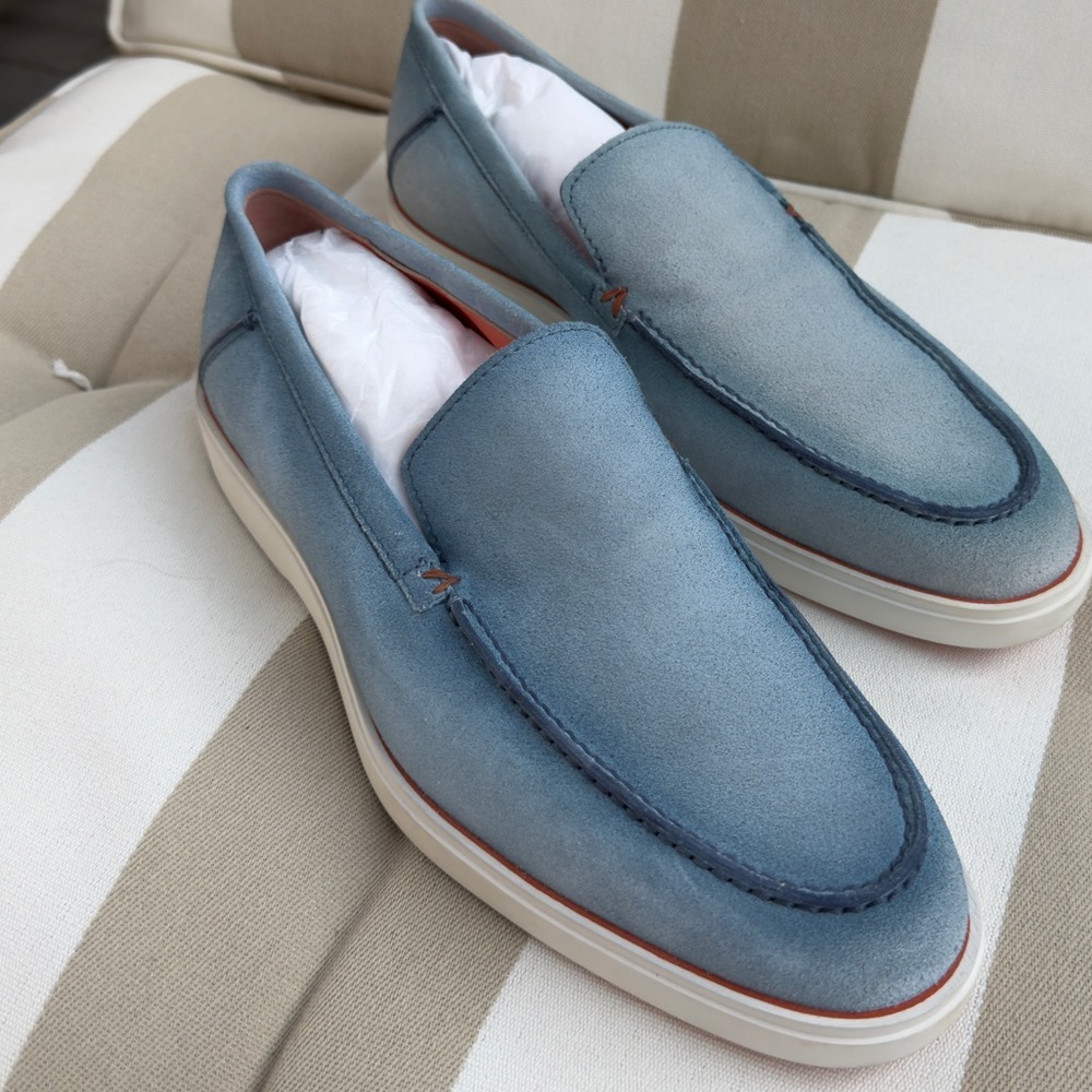 SANTONI Denim Blue Suede Leather Slip On Loafer Rubber Orange Sole UK 9 US 10